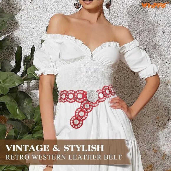 Women Vintage Disc Waist Concho Leather Belt Boho Waist Belt Red Silver Buckle main image 5